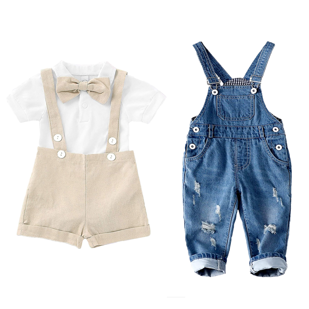 Neutral baby boy outfit and jean overalls