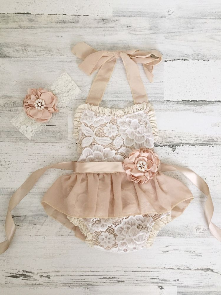 Champagne and lace baby girl romper
